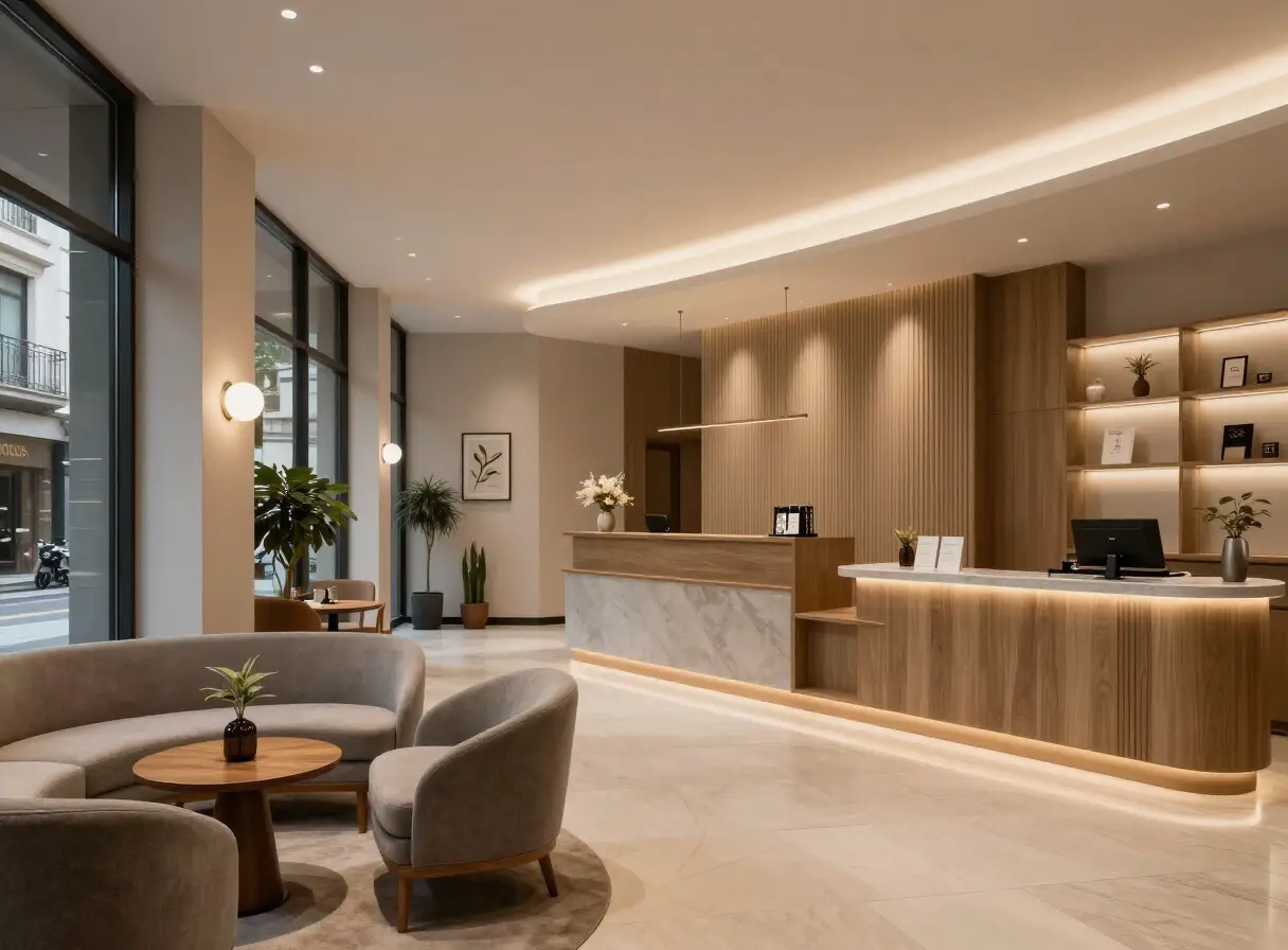 Hotel reception area with seating