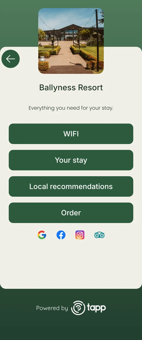 TAPP page for Ballyness Resort: Wi-Fi, your stay, local recommendations, order, and Google, Facebook, Instagram and TripAdvisor links