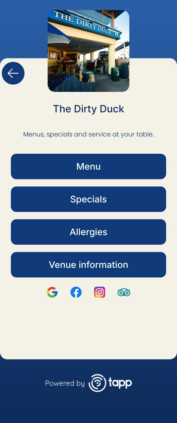 TAPP page for The Dirty Duck: menu, specials, allergies, venue information, and Google, Facebook, Instagram and TripAdvisor links