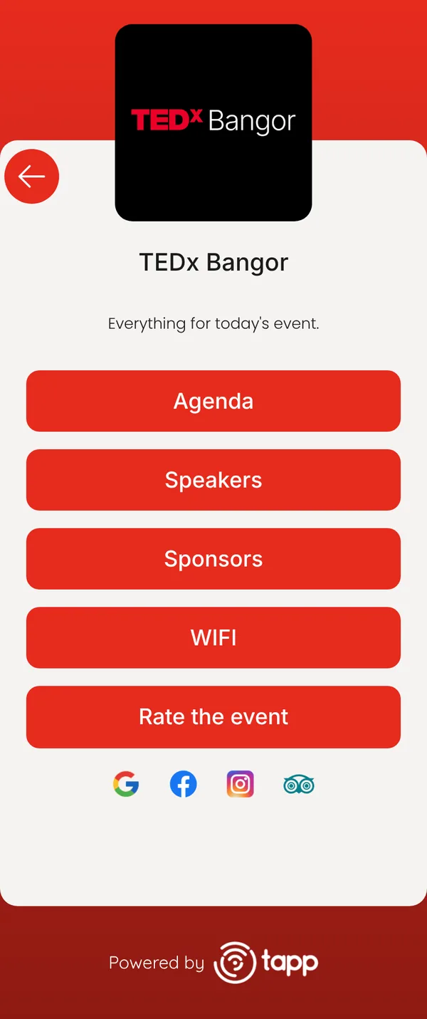 TAPP page for TEDx Bangor: agenda, speakers, sponsors, Wi-Fi, rate the event, and Google, Facebook, Instagram and TripAdvisor links