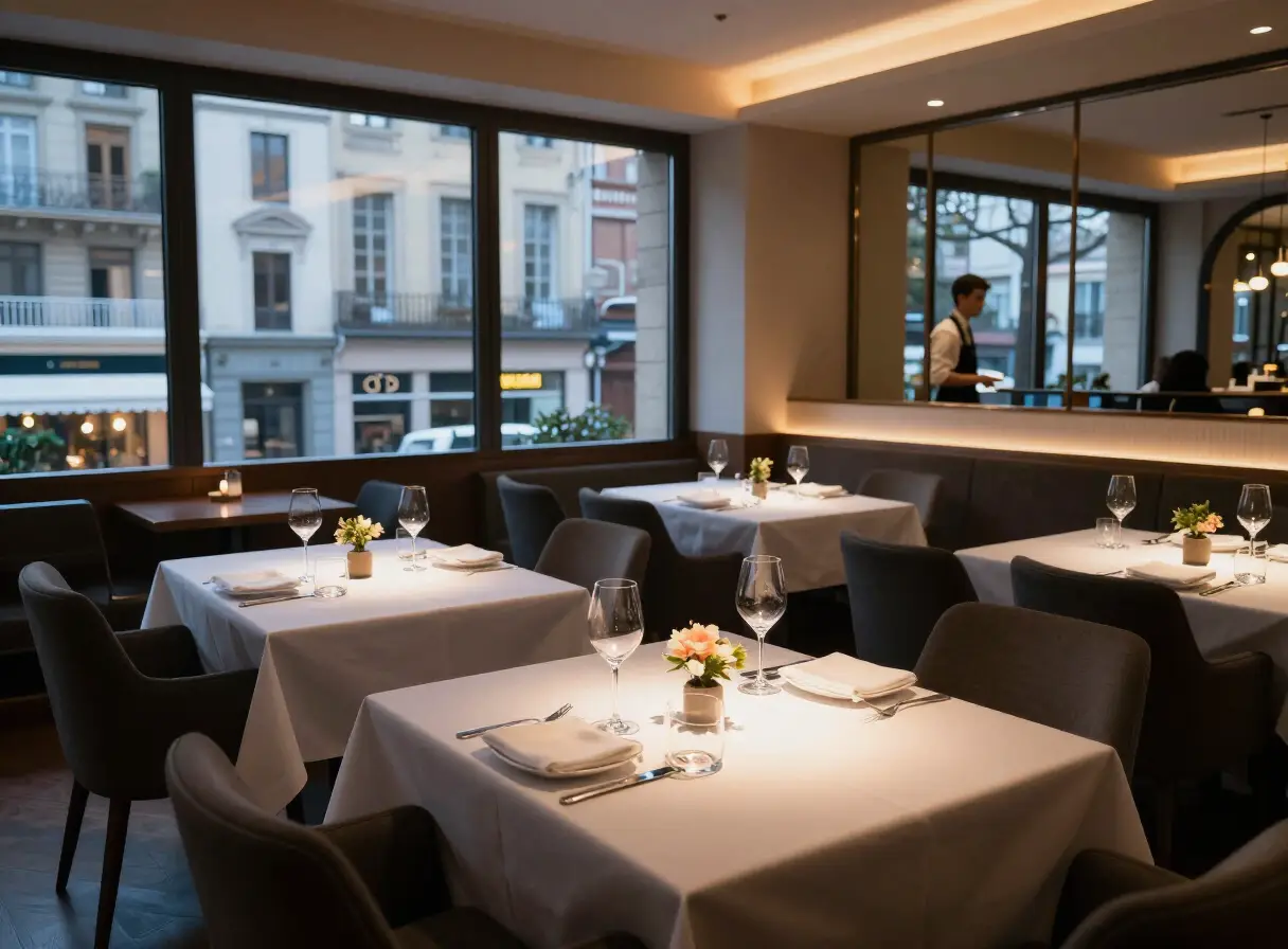 Restaurant dining room with laid tables